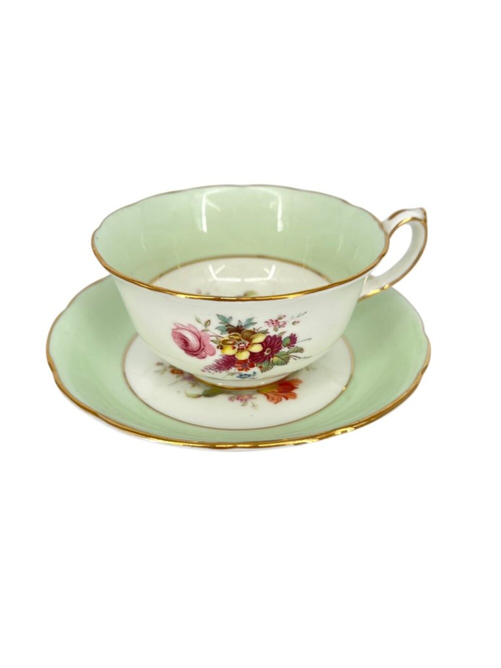 Hammersley & Co Floral Rose Bouquet Teacup Saucer Set Green Gold Trim Vintage